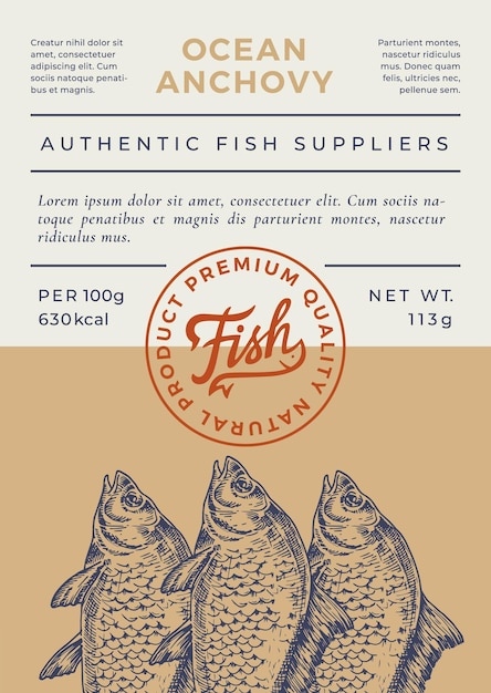 River Fish Abstract Vector Packaging Design or Label Modern Typography Banner Hand Drawn Mirror Carp Silhouette with Lettering Logo Stamp Color Paper Background Layout