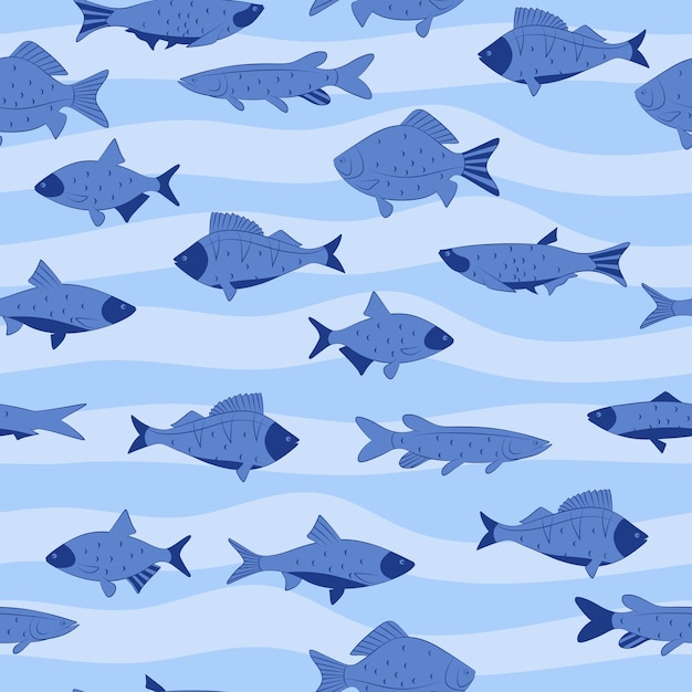 River fish sketch Seamless blue pattern