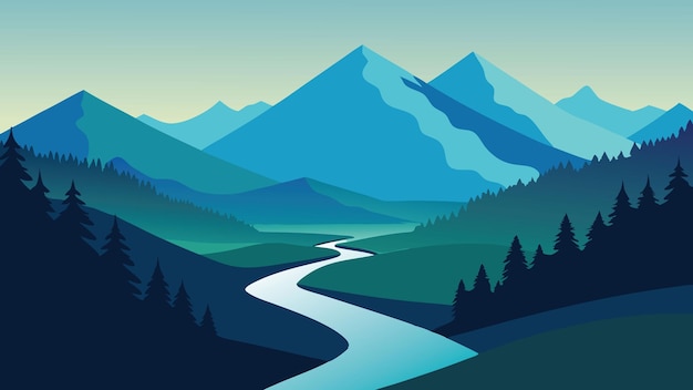 river flows through a majestic mountain range surrounded by lush greenery and rocky peaks under a clear sky flat vector illustration nature background