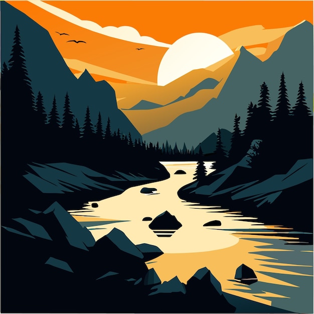 Vector river at foot of mountains vector illustration