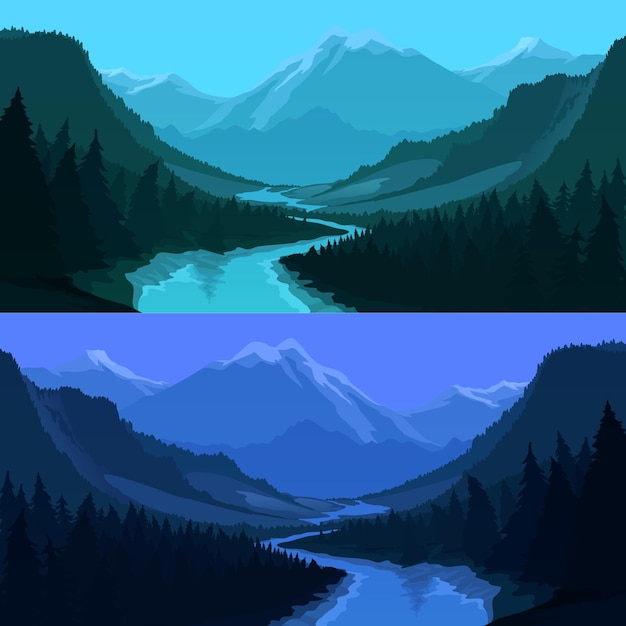 Vector river forest and mountains at sunrise landscape