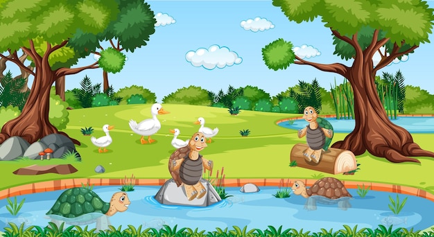 Vector river in the forest scene with wild animals