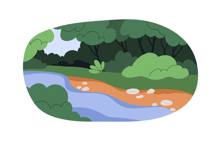 Vector 숲 속의 강, 초록색 식물들 사이에서 흐르는 물줄기, 나무, 관목, 풀, 돌, 숲의 풍경, 여름에 평온하고 평화로운 자연 풍경, 색 바탕에 고립된 평평한 터 일러스트레이션