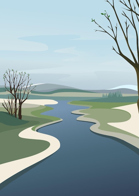 River going over horizon. Spring landscape in vertical orientation.