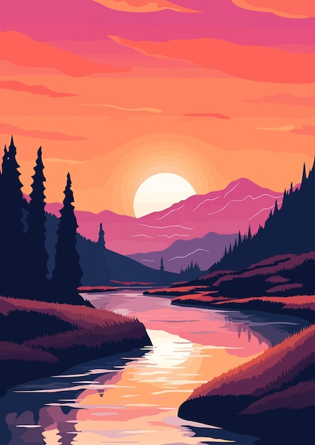 River landscape cartoon colorful flat vector illustration