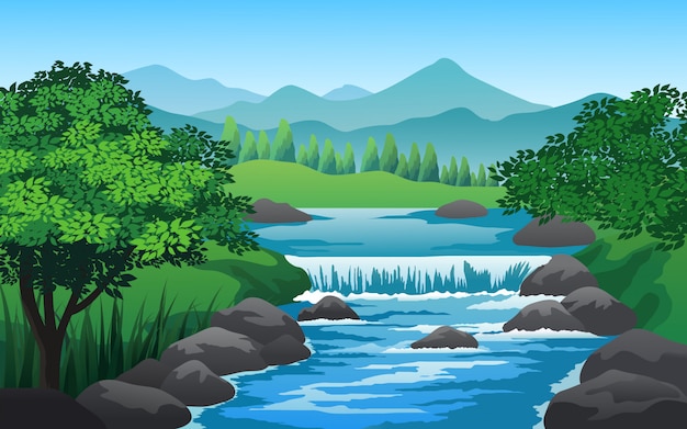 Vector river landscape in green forest with rocks