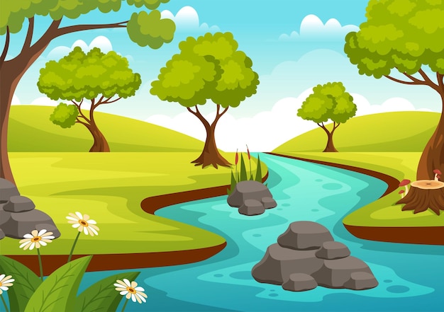 River Landscape Illustration with View Mountains and Forest Surrounding the Rivers in Hand Drawn