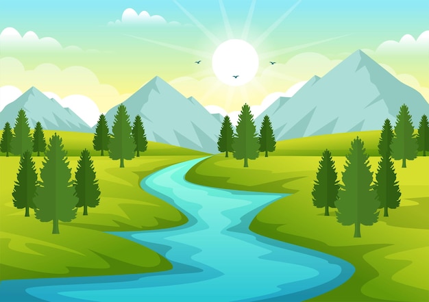 Иллюстрация речного пейзажа с видом на горы и леса, окружающие реки, нарисованные вручную