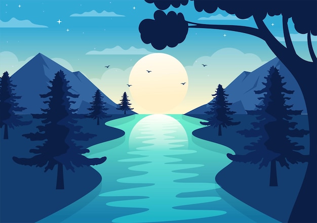 Premium Vector | River landscape illustration with view mountains and ...