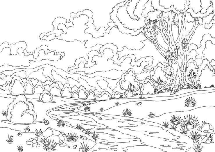 Vector river landscape with hill tree and clouds on sky beautiful scene with river flowing through hills