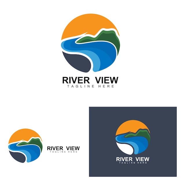 River Logo Design River Creek Vector Riverside Illustratie met een combinatie van bergen en natuur Productmerk