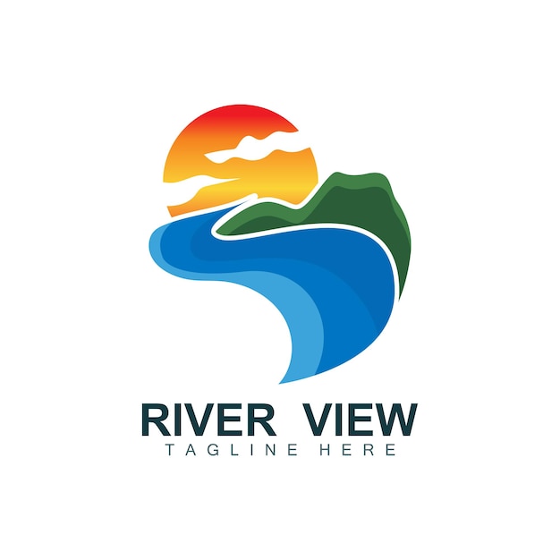 River Logo Design River Creek Vector Riverside Illustratie met een combinatie van bergen en natuur Productmerk