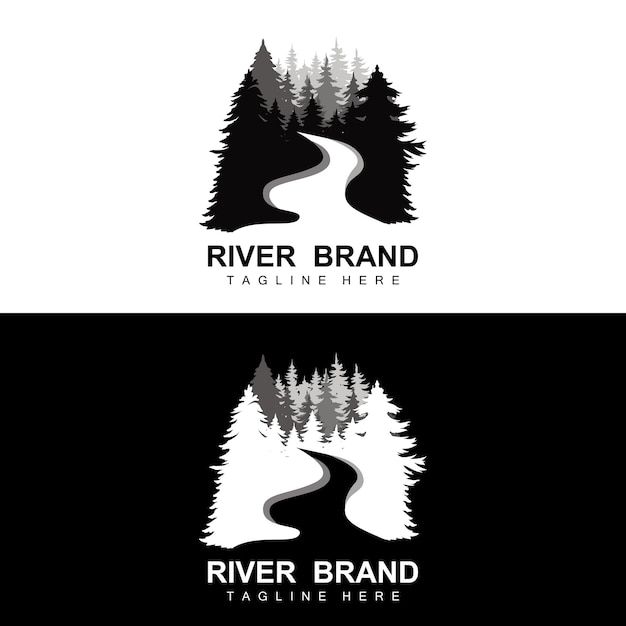 Дизайн логотипа реки Река Крик Векторная иллюстрация на берегу реки с сочетанием гор и бренда природного продукта