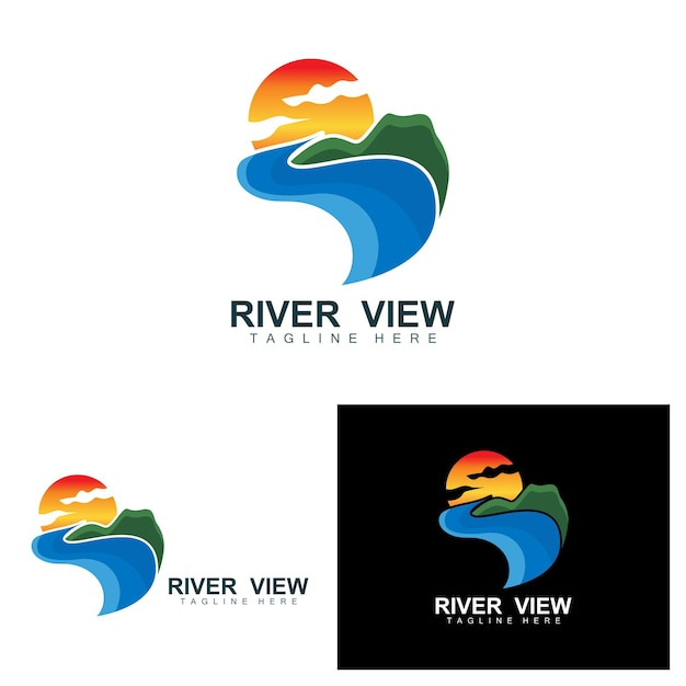 River logo design river creek vector riverside illustrazione con una combinazione di montagne e marchio di prodotti naturali