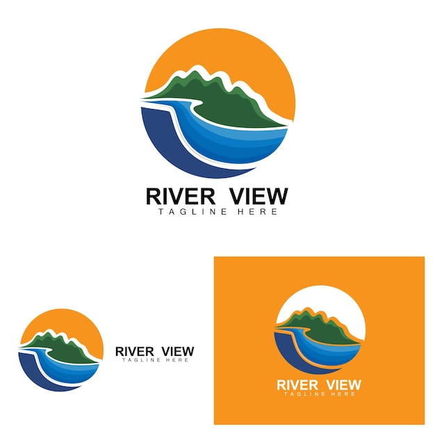 River logo design river creek vector riverside illustrazione con una combinazione di montagne e marchio di prodotti naturali