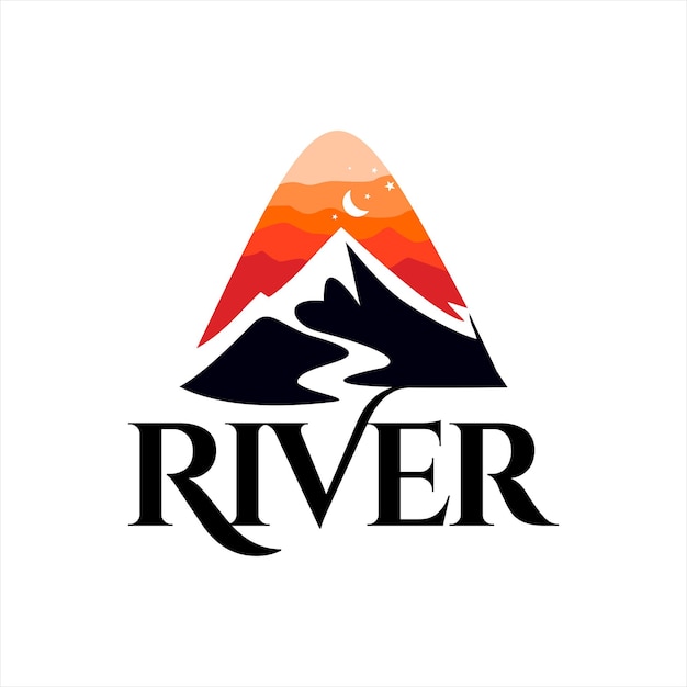 River logo simple mountain creek e sunset