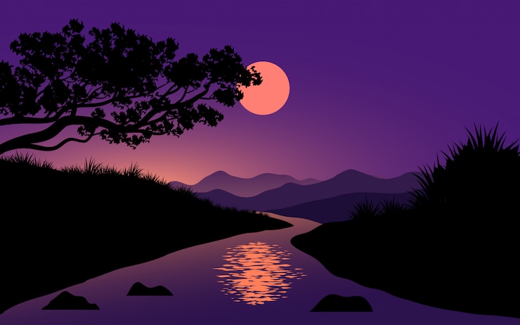 Vector river and moon night landscape