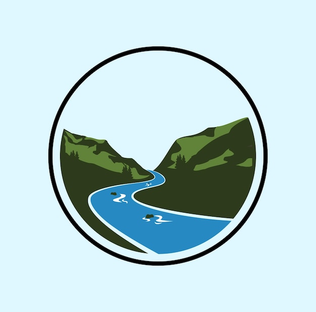 Illustrazione di progettazione di logo del paesaggio di montagna del fiume