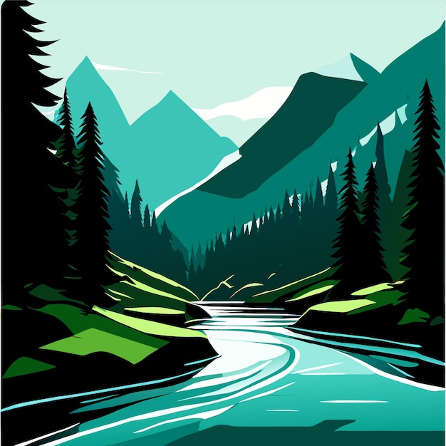 Vettore un fiume nelle montagne con una foresta e una montagna sullo sfondo illustrazione vettoriale