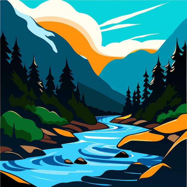 A river in the mountains with a forest and a mountain in the background vector illustration
