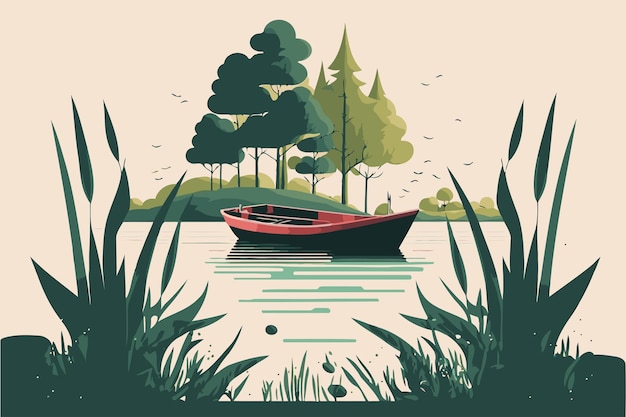 River in natural environment with an empty boat