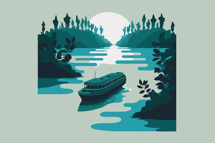 Vector river in natural environment with an empty boat
