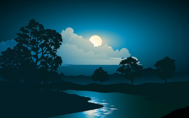 Vector river at night vector illustration