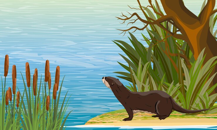 Vector a river otter stands on the bank of the river near the thickets of coastal plants and looks at the w