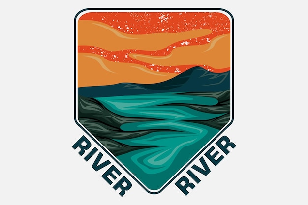 Vector river retro vintage design landscape