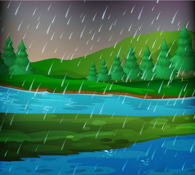 Vector river scene on rainy day