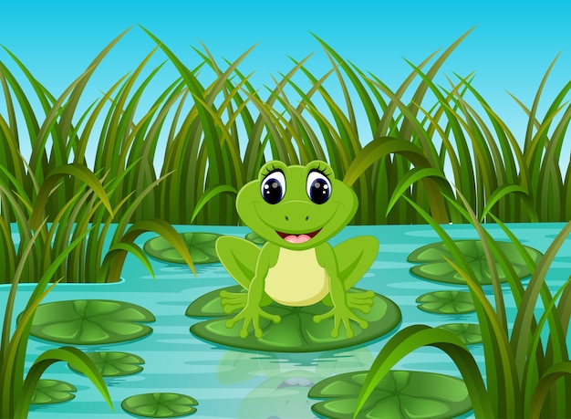 Vector river scene with happy frog on leaf