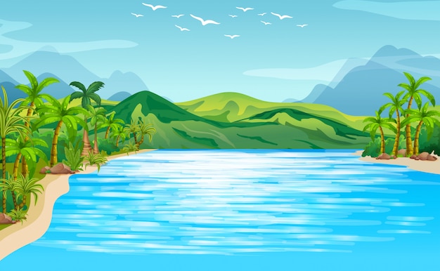 Vector river scene with trees and mountains