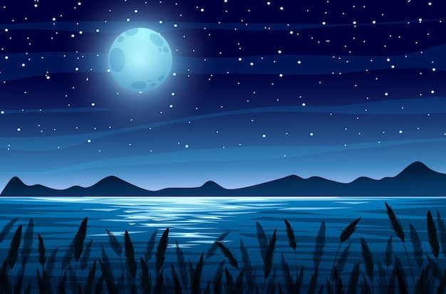 Vettore paesaggio fluviale con sfondo notturno di luna piena