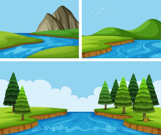 Vector river scenes with pine trees