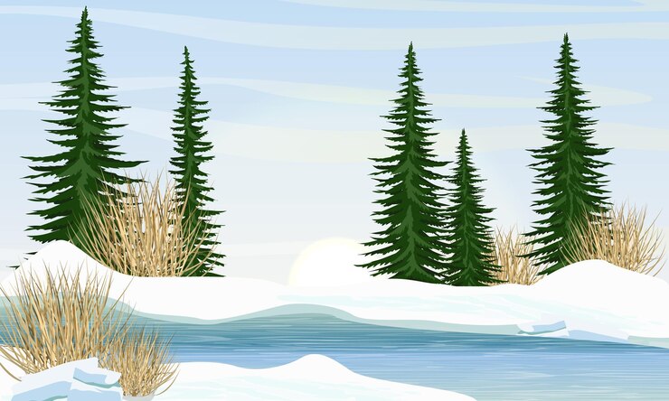 Vector river in the spring. shore in the snow, spruce trees, dry grass. melting ice on the river