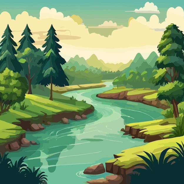 Vector river stoneforest river landscapestone river and sun in forest with beautiful scenery