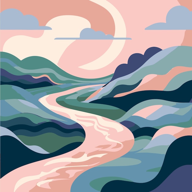 River and sunset landscape vector illustration