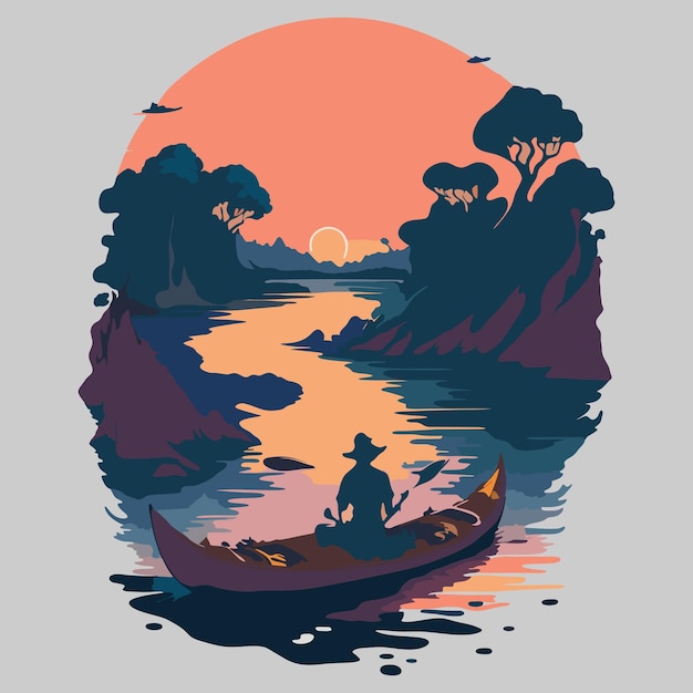 river at sunset Tshirt design Vector Illustration Digital Art SciFi Fantasy Horror Background G