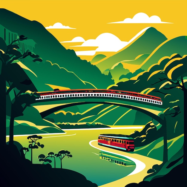 Vector river travel morning scenic asian green vector illustration