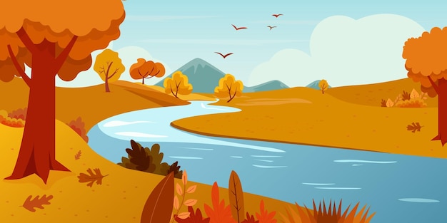 River water flow and mountain autumn landscape illustration