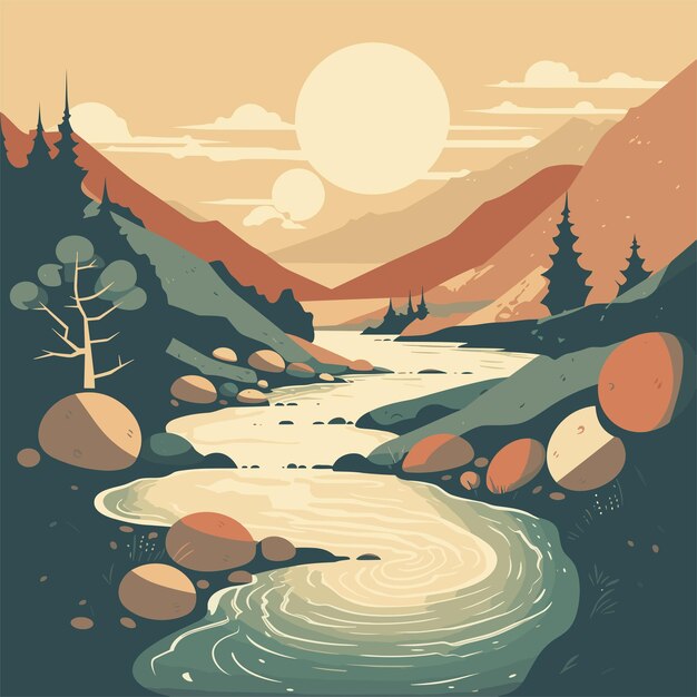 Vector river water forest concept illustration