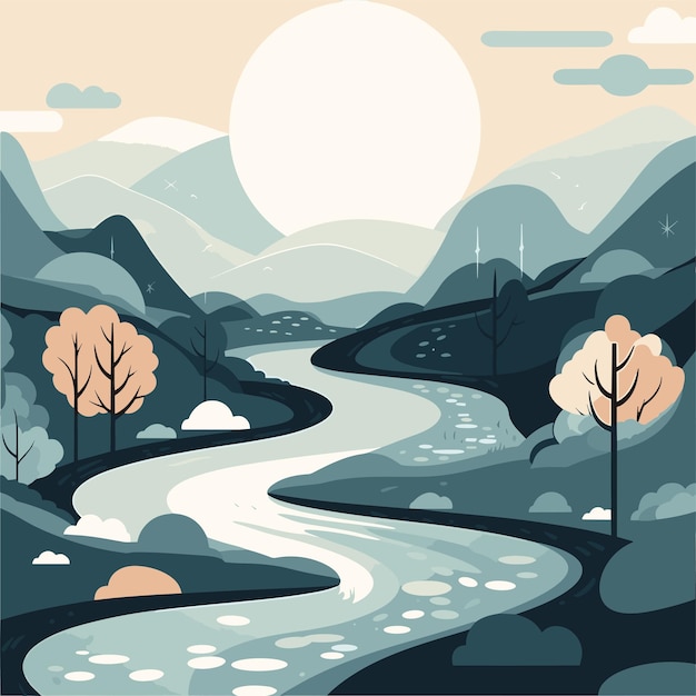 Vector river water forest concept illustration