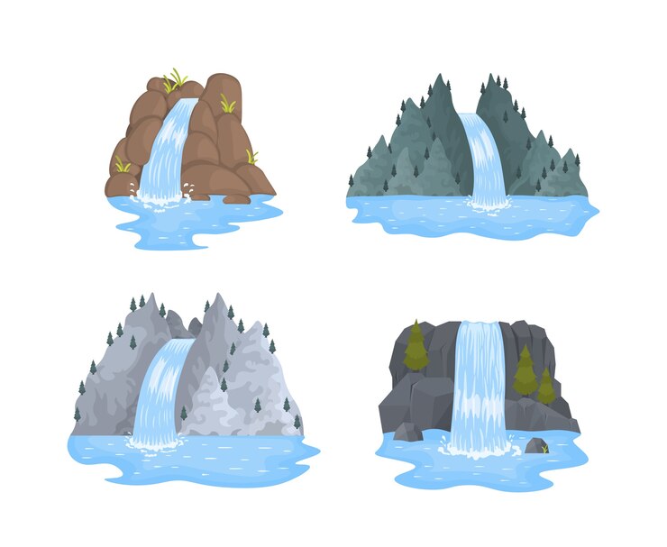 Vector river waterfall falls from cliff on white