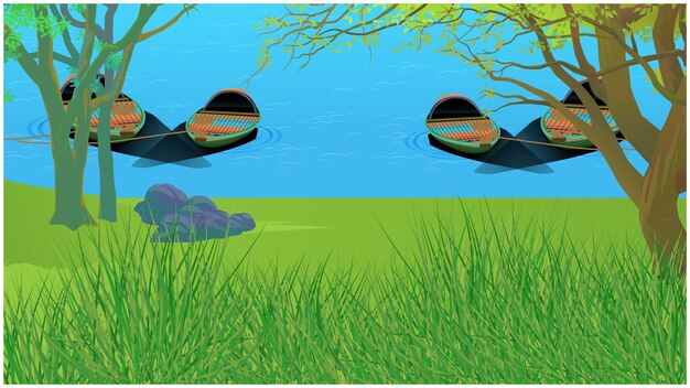 Река с пейзажем лодки для мультипликационного фона.