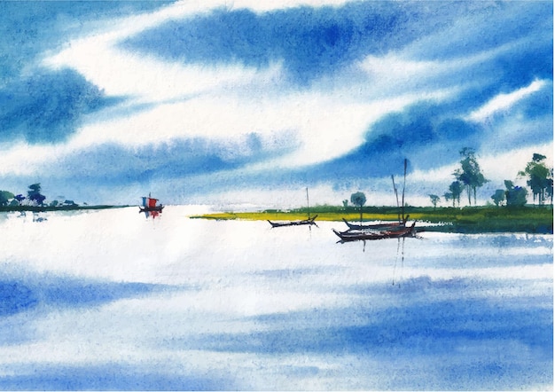 River with country side nature watercolor painting