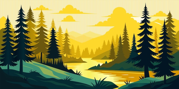 Vector a river with trees and mountains in the background