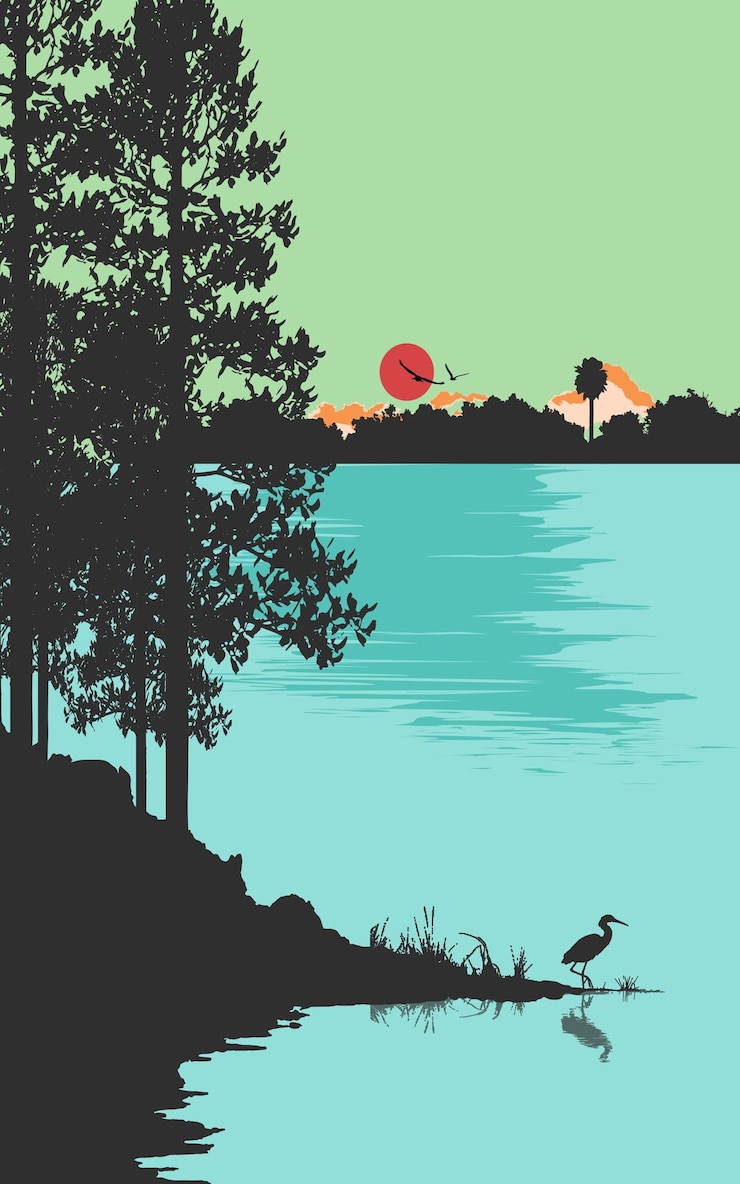 Vector riverland landscape summer portrait poster banner book cover creative colorful wallpaper nature
