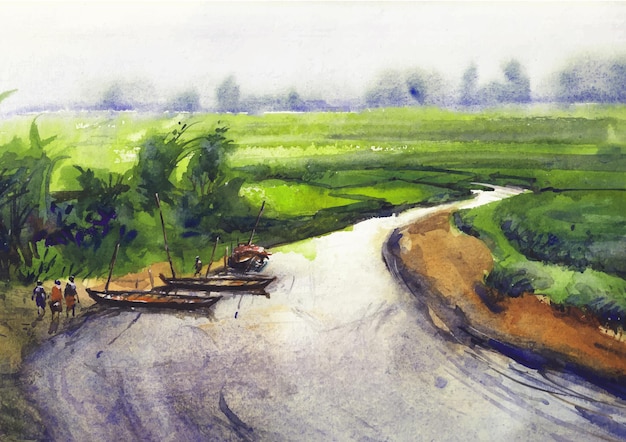 riverscape painting art and design by watercolor