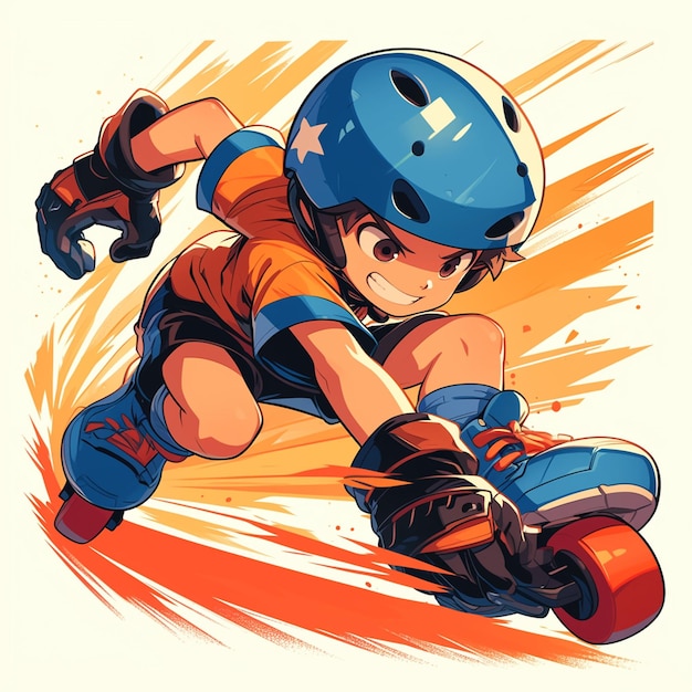 A Riverside boy practices inline speed skating in cartoon style