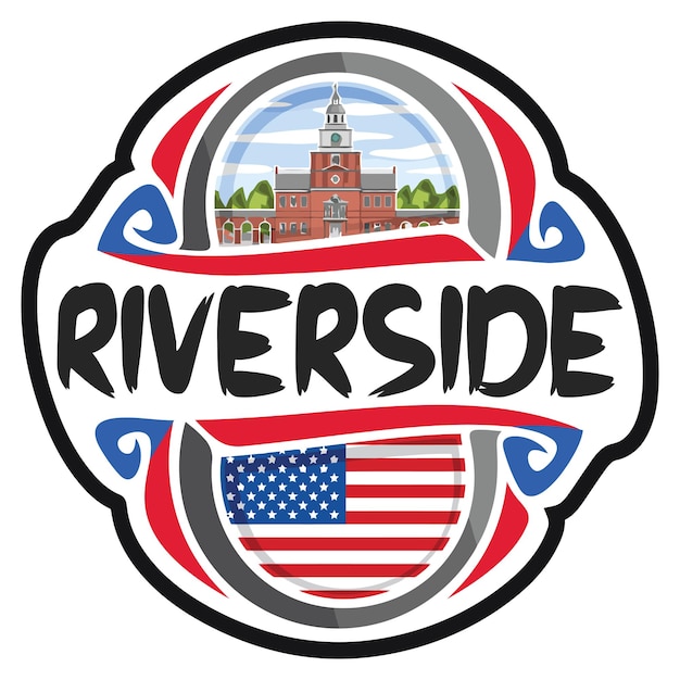 Riverside USA United States Flag Travel Souvenir Sticker Skyline Logo Badge Stamp Seal Emblem Vector